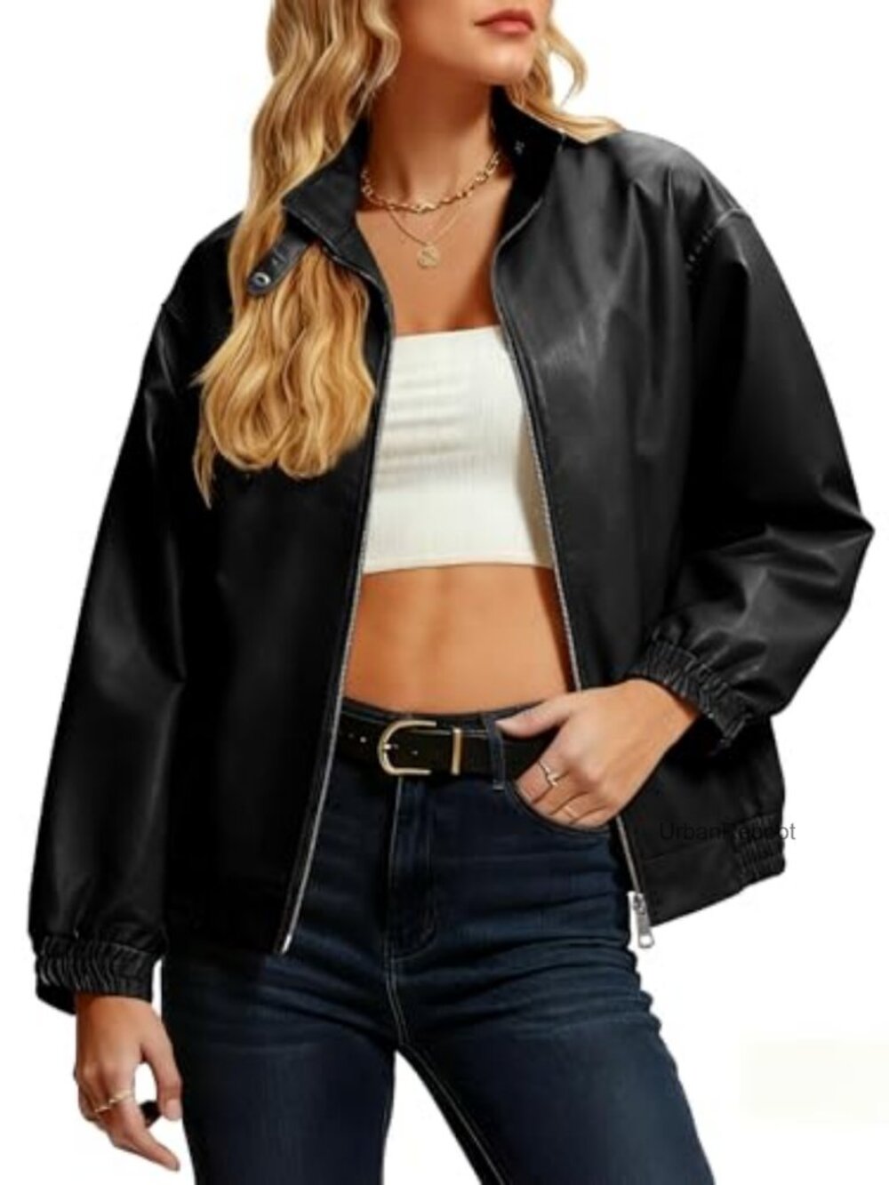 Faux Leather Oversized Bomber Jacket Double Zipper Winter Coat